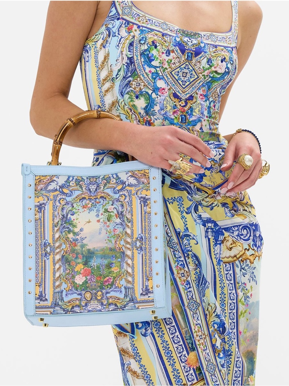 Camilla Wall to Wall Wonders East West blue tote bag w bamboo handles strap